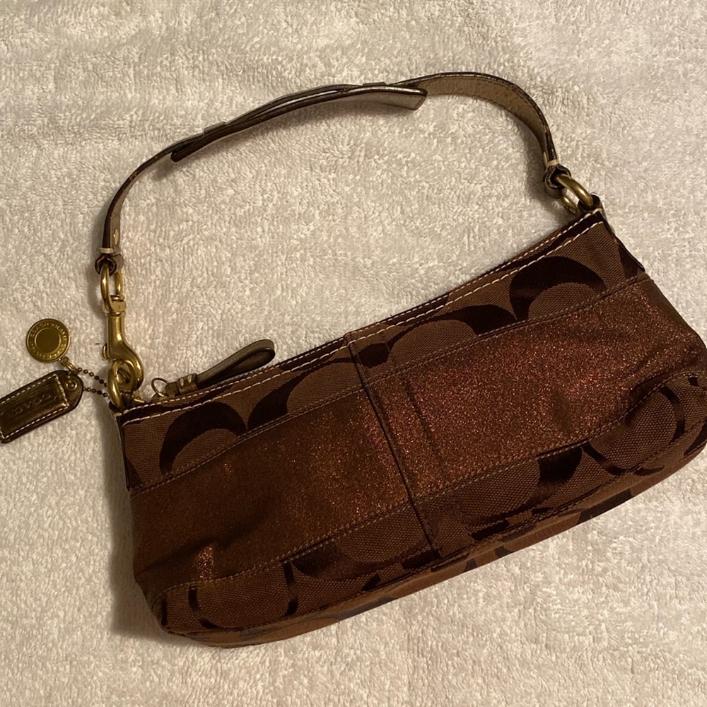Coach Brown Signature Mini Shoulder Bag with Metallic Accents